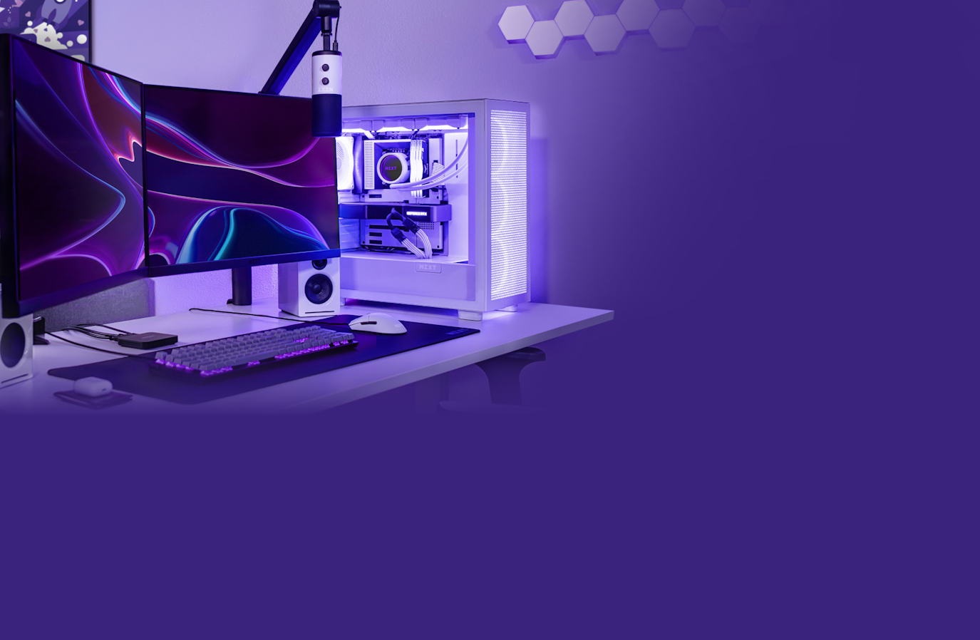 NZXT PC Desk Setup with Purple RGB Lighting