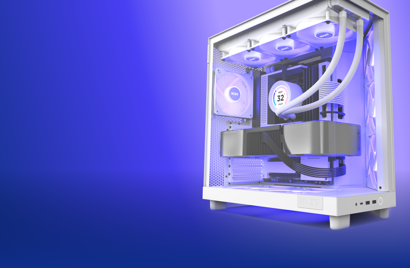 H6 Flow RGB from the glass side showing a top mounted Kraken Elite 360 RGB, NZXT motherboard and other white components.